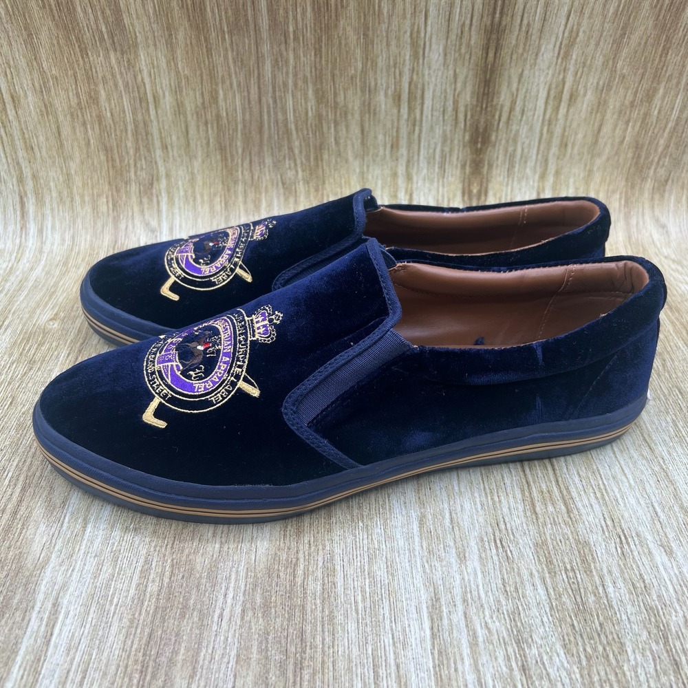 Ralph Lauren Purple Label Slip On Sneakers Mens 11D Navy Velvet Equestrian Crest - Picture 3 of 10